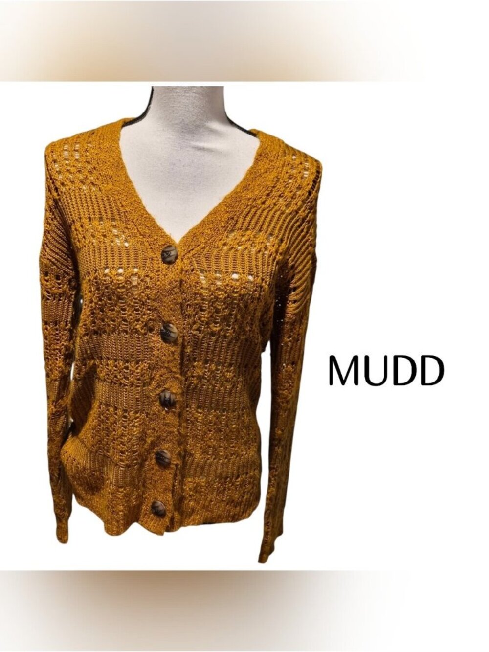 Mudd Open-Knit V-Neck Button Cardigan in Mustard Size Small